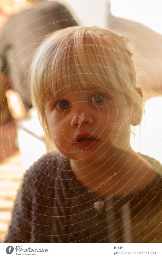 Cute blonde girl with a cardigan, standing in front of the reflecting window, at home on the balcony and looking into the apartment with a questioning look.