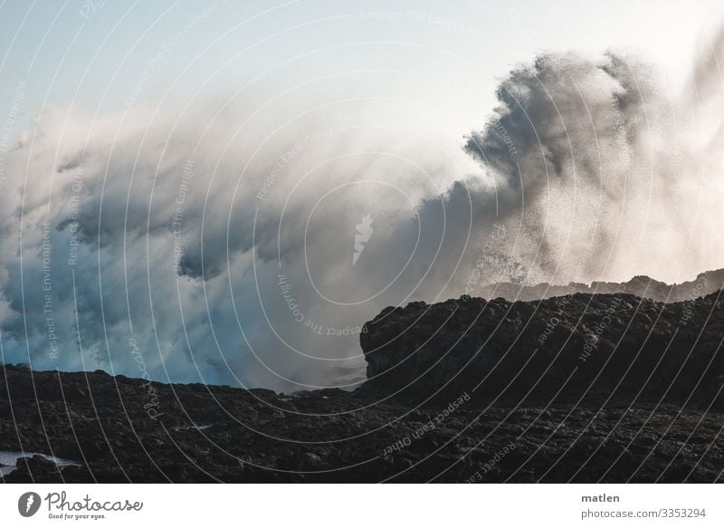 water worlds Landscape Elements Sky Cloudless sky Spring Weather Bad weather Gale Rock Coast Ocean Gigantic Maritime Blue Brown White Waves White crest Romp