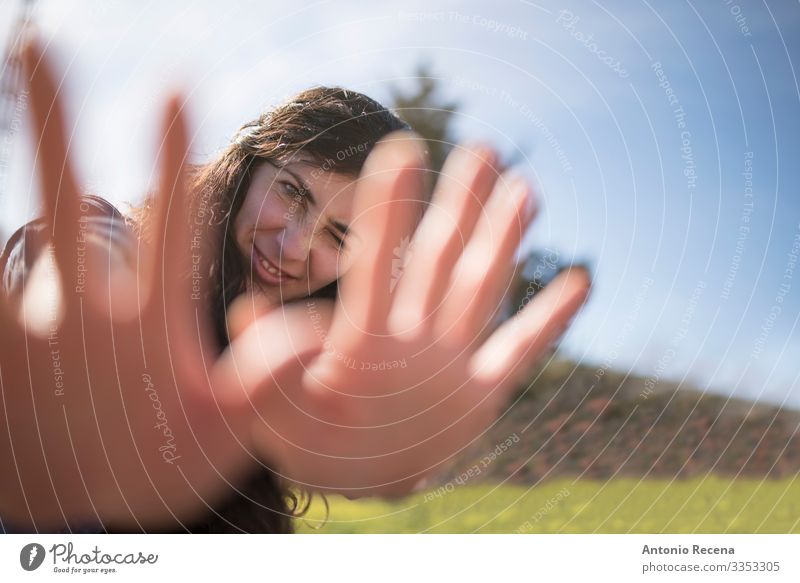 woman with hands framing looking at camera Lifestyle Joy Happy Human being Woman Adults Hand Landscape Brunette Stand Cool (slang) frame focus Foreground 30s