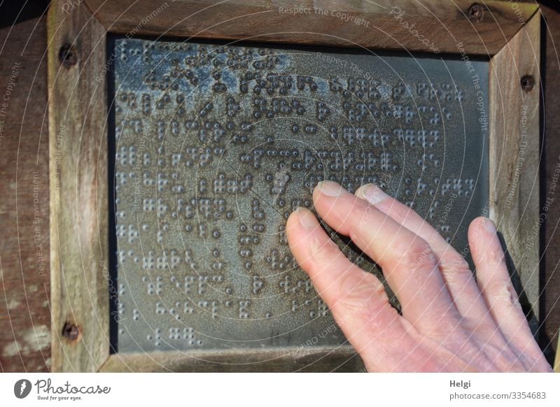 A person's fingers feel Braille on a sign Hand Fingers Wood Metal Characters Signs and labeling Touch Reading Authentic Exceptional Sharp-edged Brown Gray Pink