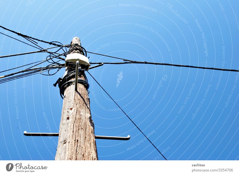 Streetwise... Spain Balearic Islands Majorca Pole Electricity pylon Telegraph pole Cable Telephone Cable TV Telecommunications Connection Knot Sky Wood Blue