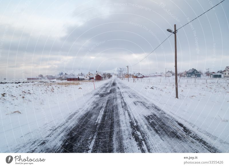 Eggum on the Lofoten Islands Central perspective Deep depth of field Day Copy Space top Exterior shot Colour photo Lane markings High voltage power line Climate