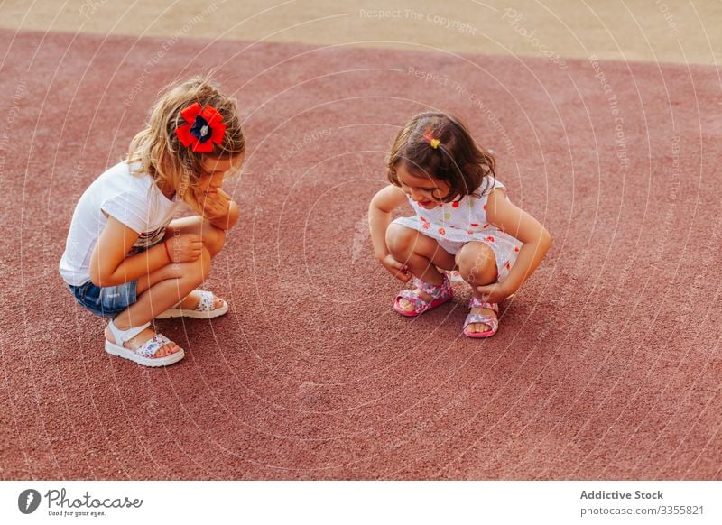 Little girls examining rubber ground friend playground together examine weekend fun rest kid child sit haunches friendship childhood relax lifestyle check