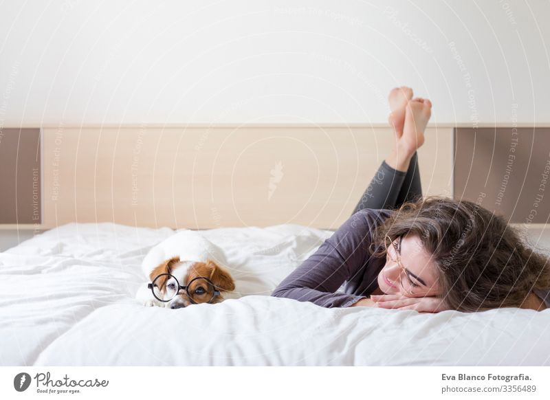 beautiful young woman lying on bed with her cute small dog besides. Home, indoors and lifestyle Cozy Small Fatigue Dream mood cuddle Friendship Comfortable Bed