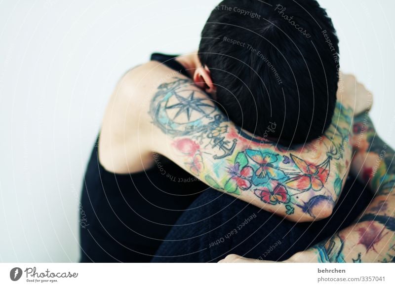 despair| corona thoughts Portrait photograph Contrast Light Day Detail Close-up Interior shot Colour photo Emotions Distress Tattooed Meditative Grief Pain