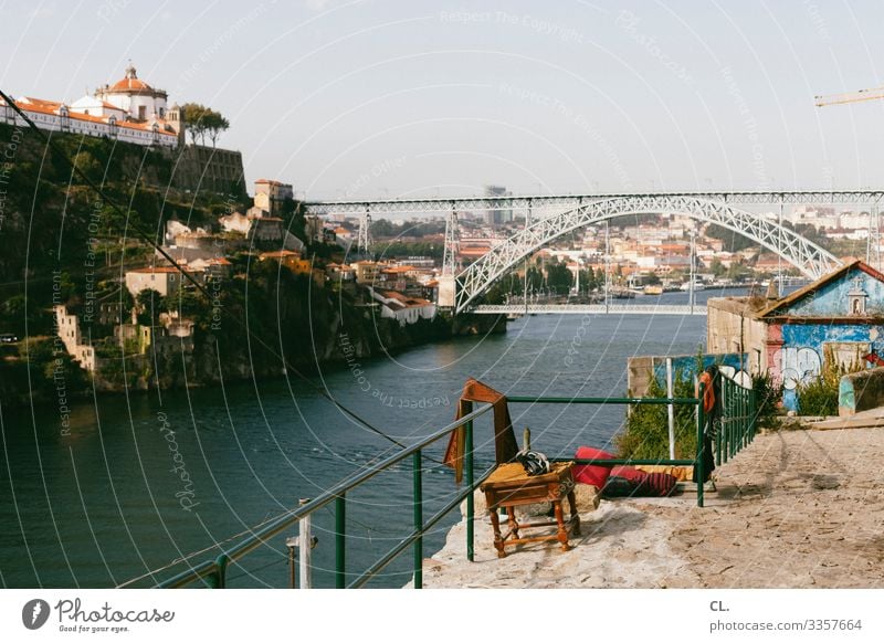 postage Porto Portugal Europe Bridge Bridge construction Chair Stool Vantage point Vacation & Travel Town Exterior shot Colour photo Day Historic Building