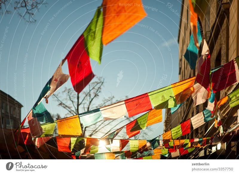 Free Tibet Berlin Dalai Lama Flag Prayer Prayer flags Prayer board Prayer wheel Back-light Deserted Religion and faith Schöneberg Sun Town Copy Space Blow Wind