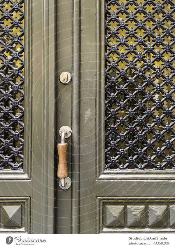 Green door with ornamental windows House (Residential Structure) Decoration Building Architecture Wood Old Retro Colour Tradition entrance Grid Ornamental