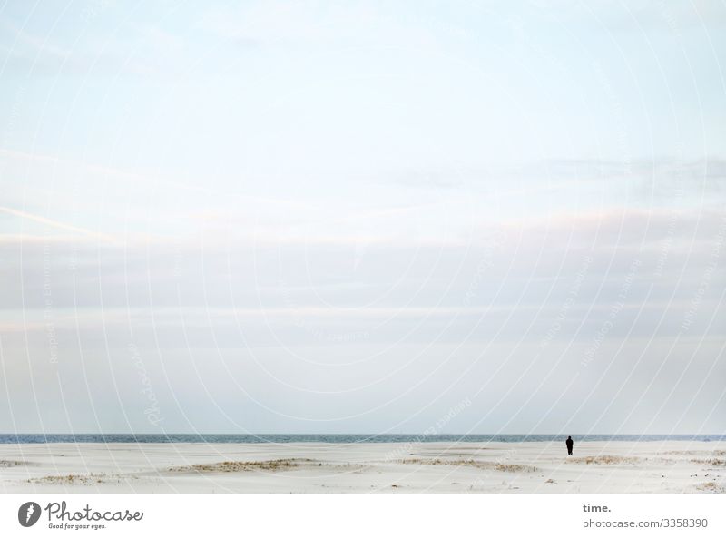 fresh breeze Human being 1 Environment Nature Landscape Sand Water Sky Clouds Horizon Coast Beach North Sea Dune Spiekeroog Observe Looking Stand Maritime