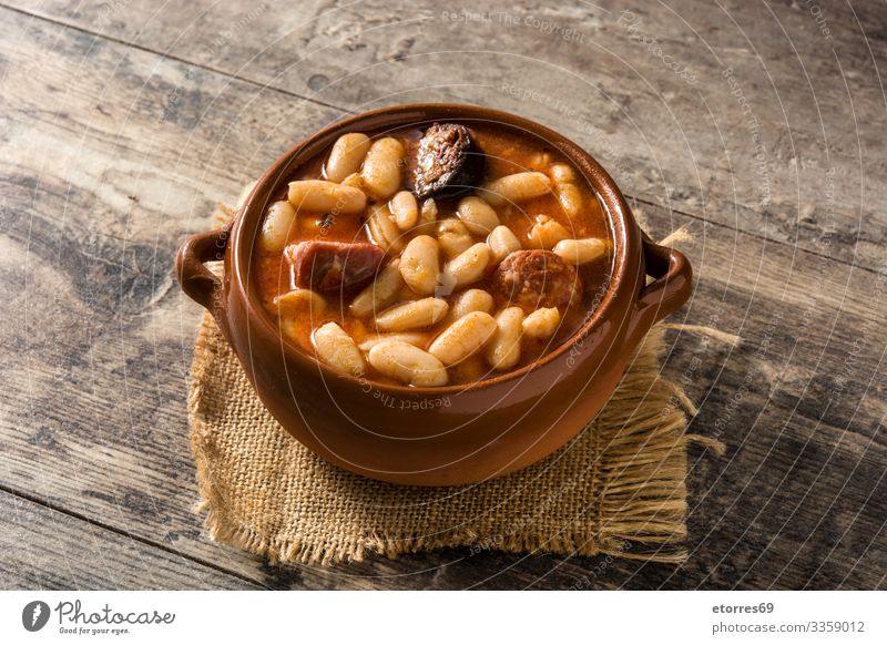 Typical Spanish fabada asturiana Bacon Beans chorizo Dinner Dish Food Healthy Eating Food photograph Ham Home-made iberico isolated Meat recipe Sauce Stew