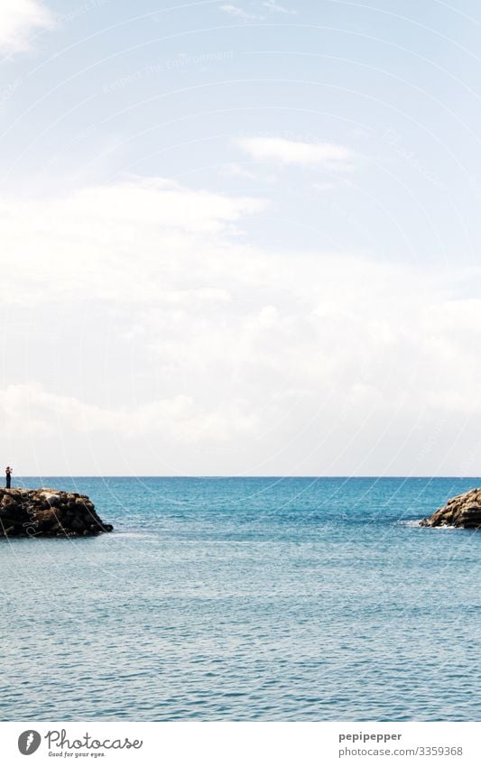 small port entrance Reef Water Ocean Human being Woman Harbour Bay Sky Clouds lovely dinner Vacation mood Vacation photo Mediterranean Cliffs by the sea Freedom