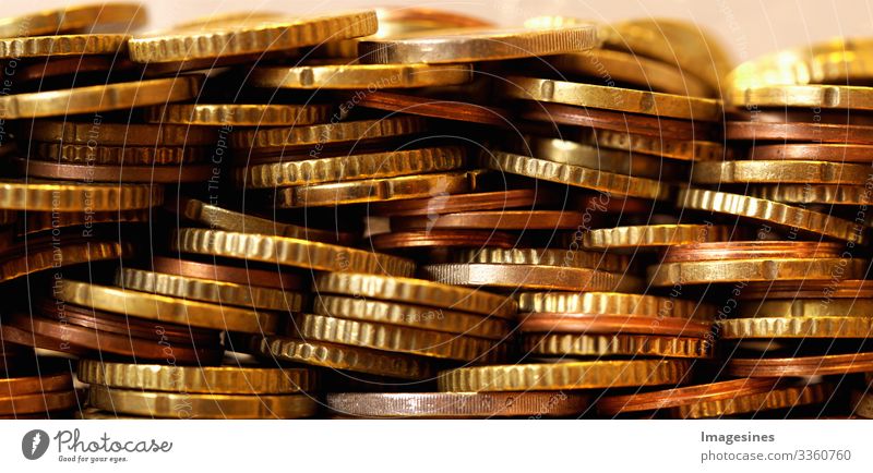 Panorama picture of many Euro coins. Front view of the euro currency coin. Coins background. Income and profit. European currency. Banking, economics, saving money. Currency of the European Union