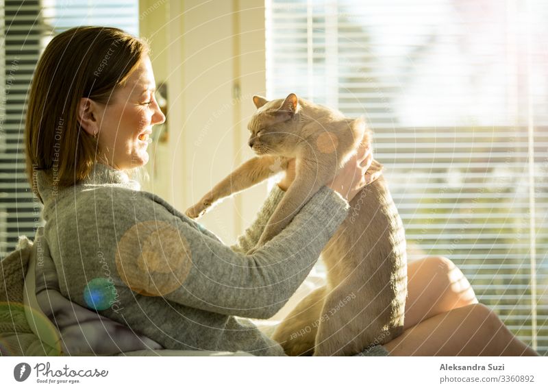 Woman sitting at home with cat Atmosphere Cat Cold Safety (feeling of) Cozy Cup Cute Dream Young woman Gray Happiness Happy Home Interior shot Kitten