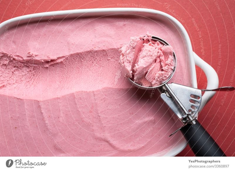 Ice cream scoop close-up. Raspberry ice cream homemade Food Dairy Products Fruit Dessert Candy Pot Pan Table Cool (slang) Fresh Delicious above view berries ice