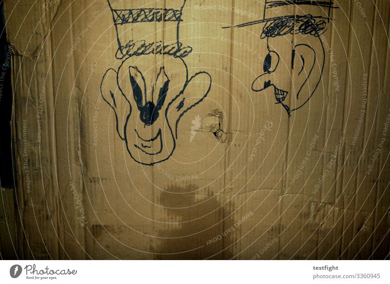 drawing Drawing Cardboard paperboard cardboard box Comic Face Hat Old unfamiliar Laughter Strange