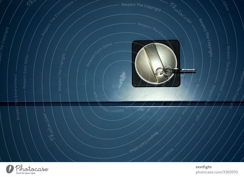 cupboard door Metal Blue Door Cupboard Lock Key Flash photo Colour photo Interior shot Copy Space left Copy Space top Copy Space bottom Reflection Low-key