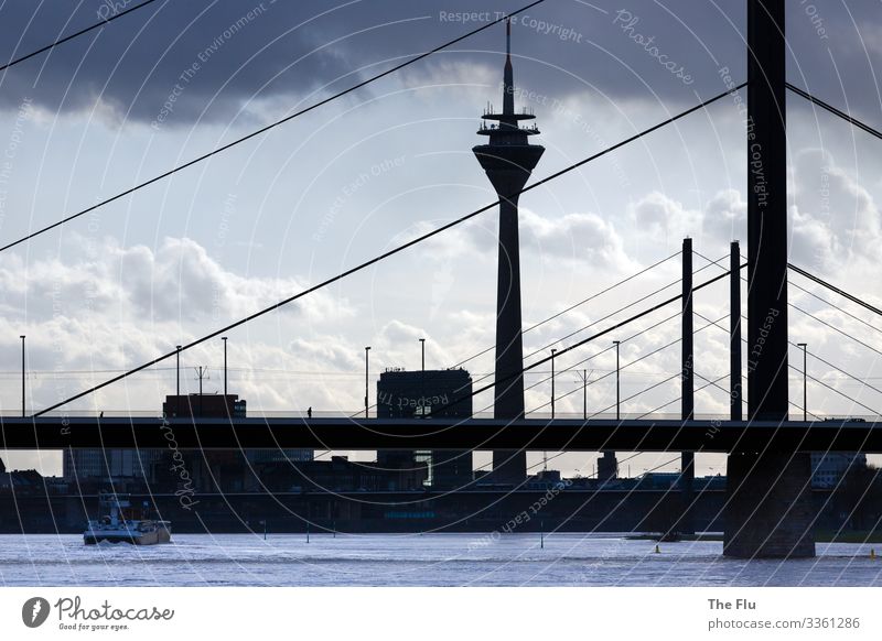 Light and shadow Water Clouds Sunlight Bad weather Duesseldorf Germany Europe Town Port City Downtown Skyline House (Residential Structure) Bridge Tower