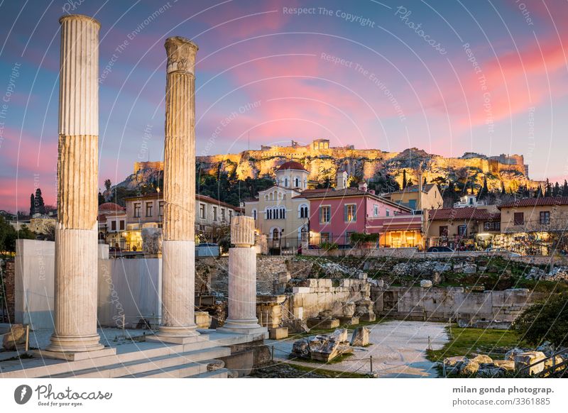 Hadrian's Library and Acropolis. Landscape Old town Church Ruin Monument Blue Pink Moody Europe Mediterranean Greece Greek Attica Athens Plaka Monastiraki