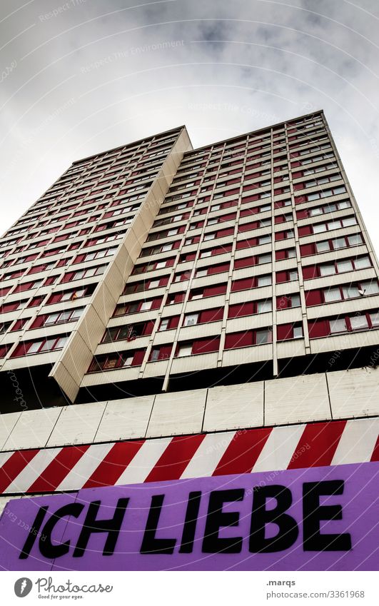 I LOVE Love Characters High-rise Sky Clouds Red Stripe Facade Window Many Apartment house block of houses Tall Worm's-eye view Town Architecture Building