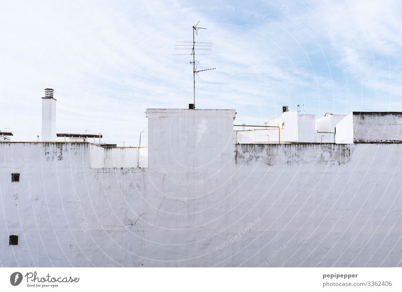 Wall façade with white plaster White Wall (barrier) house wall Roof Antenna Chimney Exterior shot Deserted Blue Clouds