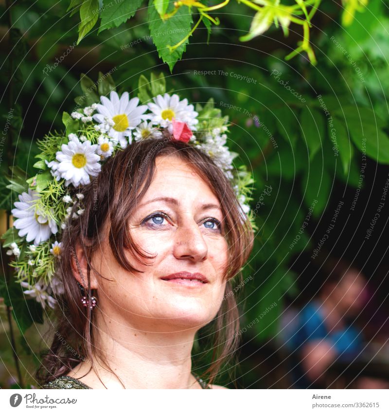 looking confidently into the future Feasts & Celebrations Feminine Hair and hairstyles Flower wreath Face Happy Beautiful Wreath Birthday Wedding