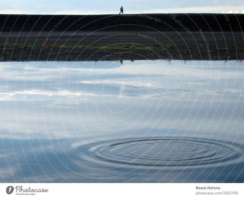 Walker at the water behind a mirrored sky with water circle To go for a walk Water wharf bank Water reflection Sky water circles Nature Blue Lake Reflection