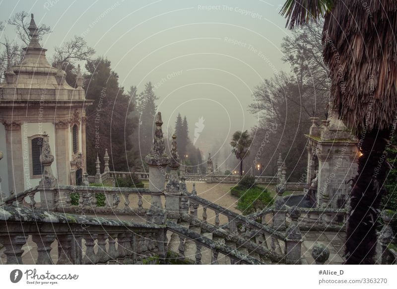 Park and Baroque stairs of the Sanctuary of Nossa Senhora dos Remédios Lamego ancient antique architecture attraction azulejo blue building cathedral catholic