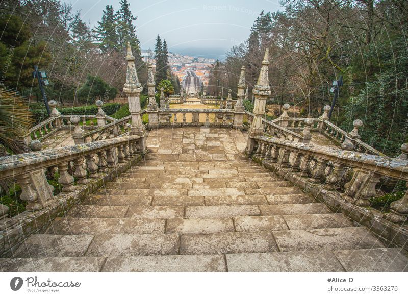 Park and Baroque stairs of the Sanctuary of Nossa Senhora dos Remédios Portugal ancient antique architecture attraction azulejo blue building cathedral catholic