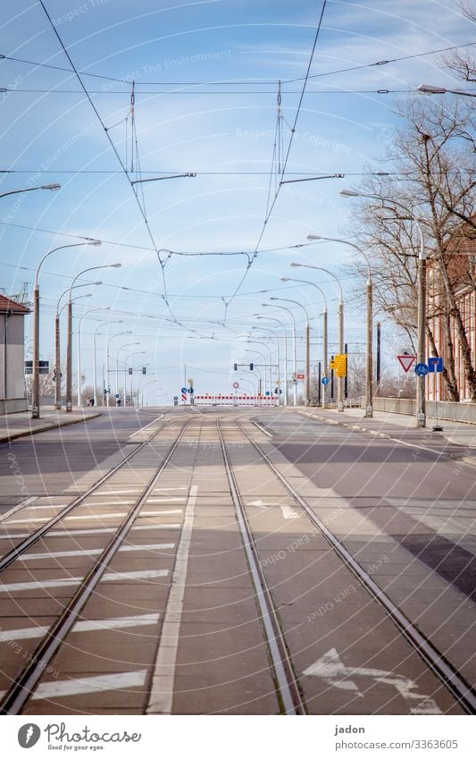 empty streets (17). Environment Sky Brandenburg an der Havel Town Deserted Bridge Road traffic Street Lanes & trails Rail transport Tram Railroad tracks Sign