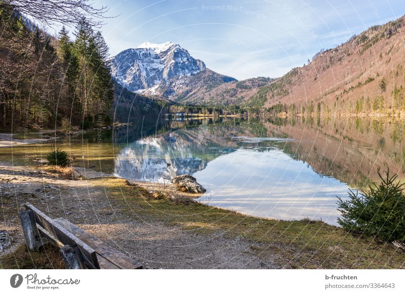 Mountain lake in Salzkammergut Hiking Environment Nature Landscape Autumn Winter Beautiful weather Rock Alps Snowcapped peak Lakeside To enjoy Freedom