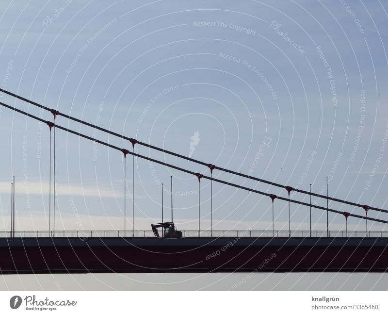 commuting distance Sky Clouds Town Bridge Transport Vehicle Excavator construction site vehicle Driving Blue Black Mobility Logistics Bridge railing