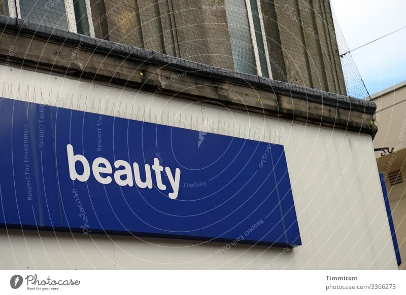 beauty Beautiful Trade Characters Signage Warning sign Blue Brown Gray House (Residential Structure) Facade Advertising Yorkshire Colour photo Exterior shot