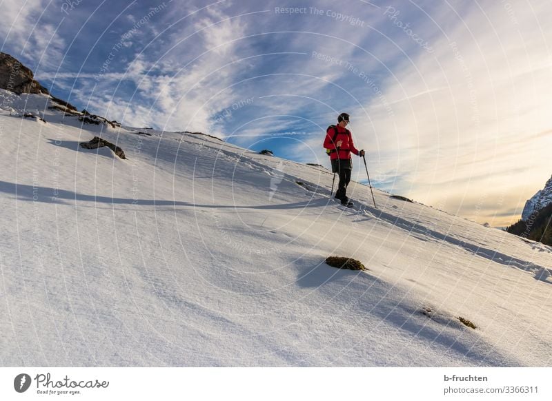 winter hike Leisure and hobbies Winter Snow Winter vacation Mountain Hiking Fitness Sports Training Woman Adults 1 Human being Nature Landscape Sky Clouds