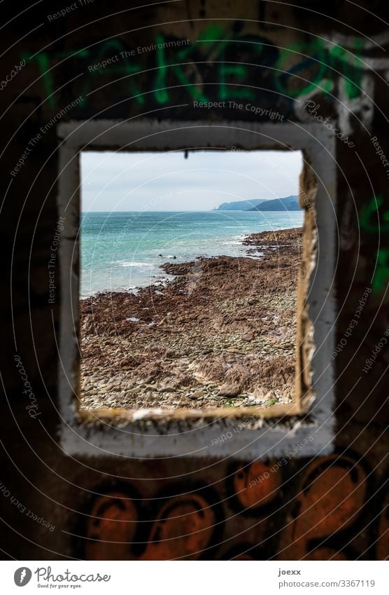 View through the window to the sea. Landscape Water Sky Clouds Beautiful weather Rock Coast Ocean France Lighthouse Tourist Attraction Old Historic Maritime