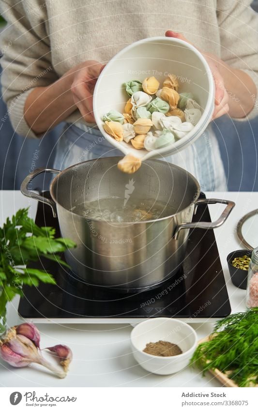 Anonymous female chef starting to cook dumplings with colorful dough cooking meat boiling pot water herb multicolor culinary process green garlic spices carrot