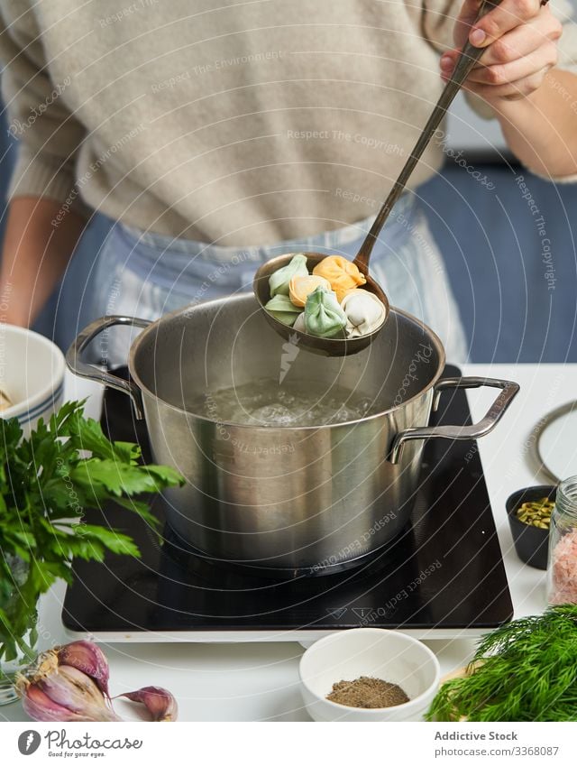 Anonymous female chef starting to cook dumplings with colorful dough cooking meat boiling pot water herb multicolor culinary process green garlic spices carrot