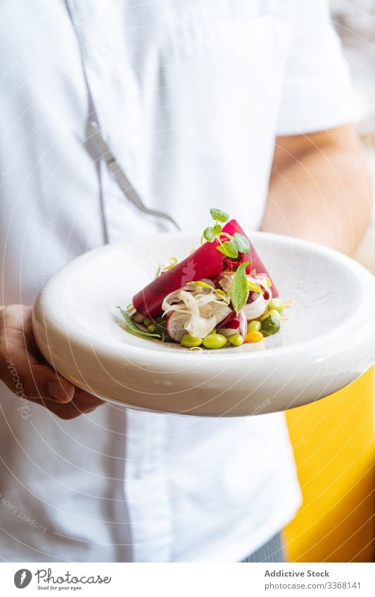 Anonymous person holding exquisite vegetable salad on plate restaurant food dish gourmet healthy dinner fresh meal delicious cuisine cooked prepared portion