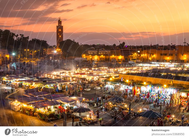 Jamaa el Fna square in sunset, Marrakesh, Morocco, Africa. Vacation & Travel Tourism Trip Business Culture Landscape Town Places Building Tradition market jamaa