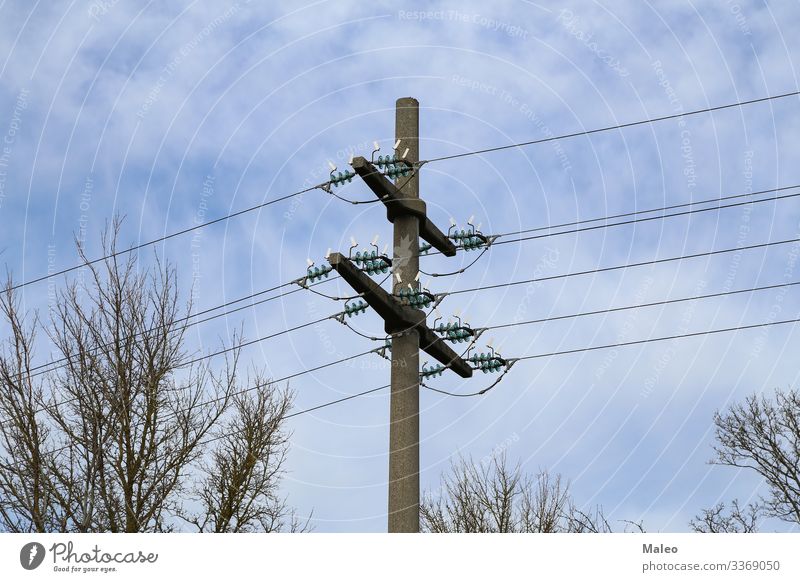 power pole Electricity pylon Wire Blue Sky Line Pylon Silhouette Cable Energy industry Industry Metal Steel Tower Dangerous Risk Technology Tall Net Generator