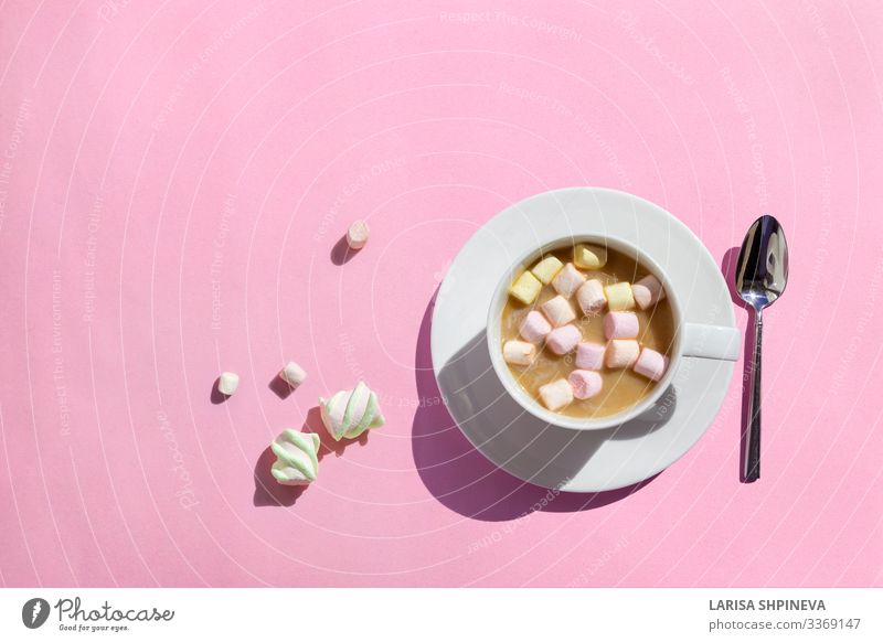 Cup of hot coffee with marshmallows on pink, top view Dessert Breakfast Beverage Hot Chocolate Coffee Table Warmth Love Delicious Brown Pink White cup Top mug