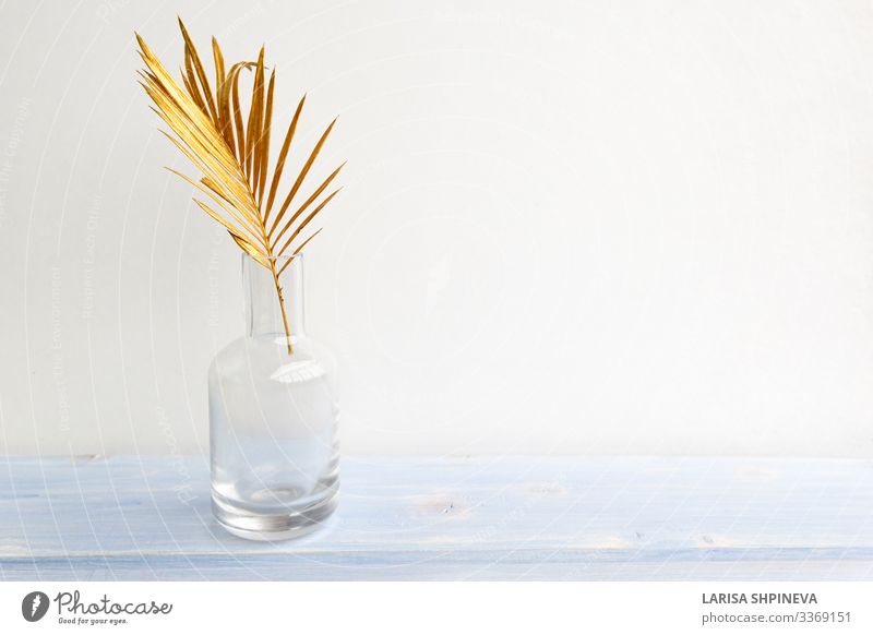 Golden palm leaf in glass vase bottle on light background Bottle Luxury Elegant Style Design Exotic Beautiful Decoration Table Nature Plant Tree Flower Leaf