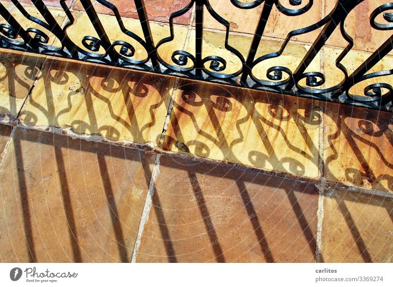 Wrought-iron gate with shadow cast on terracotta tiles Spain Balearic Islands Majorca Goal Wrought iron Metal decoration Curlicue Sunlight Shadow slabs Rust