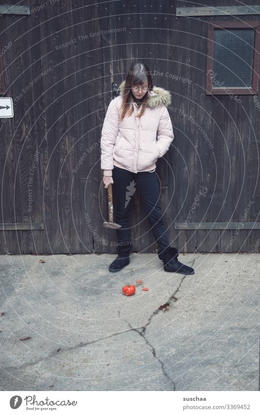 fotochallenge: teenager looks at a muddy overripe tomato and thinks about crushing it with a hammer Photochallenge Youth (Young adults) Young woman Girl Tomato