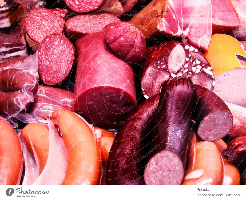 sausage Food Meat Sausage Nutrition Red Butcher Small sausage Ham Surplus Markets Colour photo Exterior shot Day