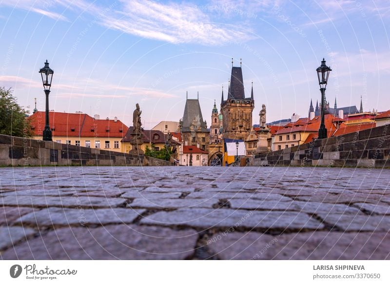 Charles bridge, old towers and statues at sunrise, Prague Style Vacation & Travel Tourism Culture Landscape Sky River Town Church Castle Places Bridge