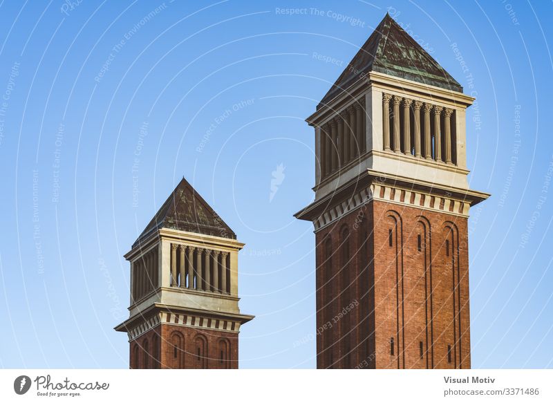 Twin Venetian towers under a blue sky Landscape Sky Capital city Building Architecture Brick Colour twin venetian towers Blue sky Sunset Barcelona City urban