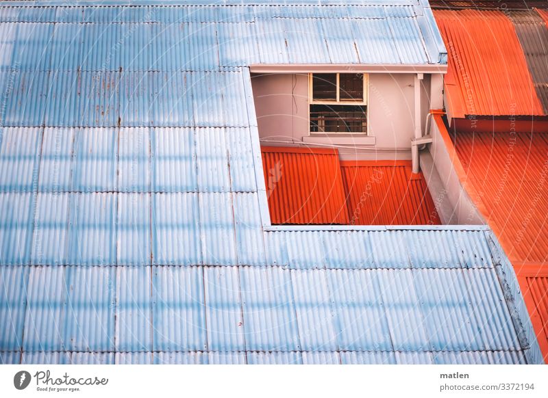 attic Roof Attic story Corrugated iron wall Window Rain gutter Blue Orange Deserted