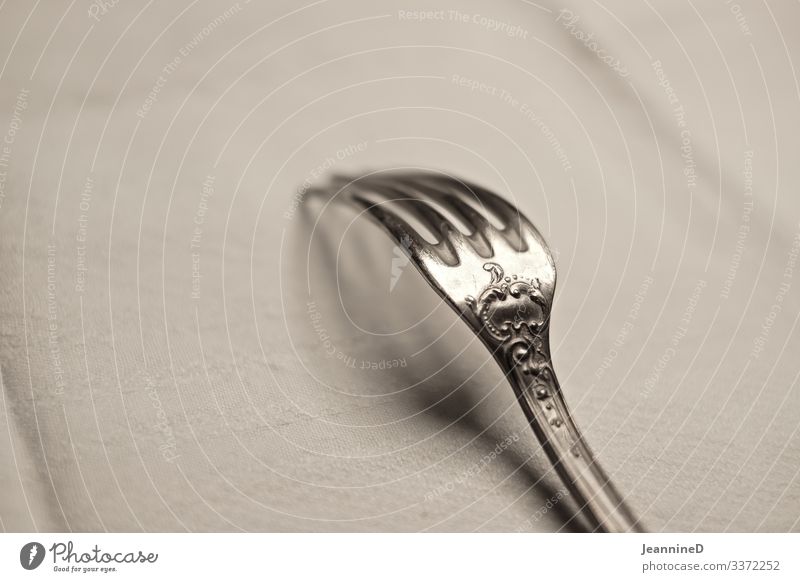 fork on linen cloth Fork Silver Nutrition Close-up Interior shot Detail Lunch White tablecloth Table Blackboard Old fashioned Healthy Eating vintage near name