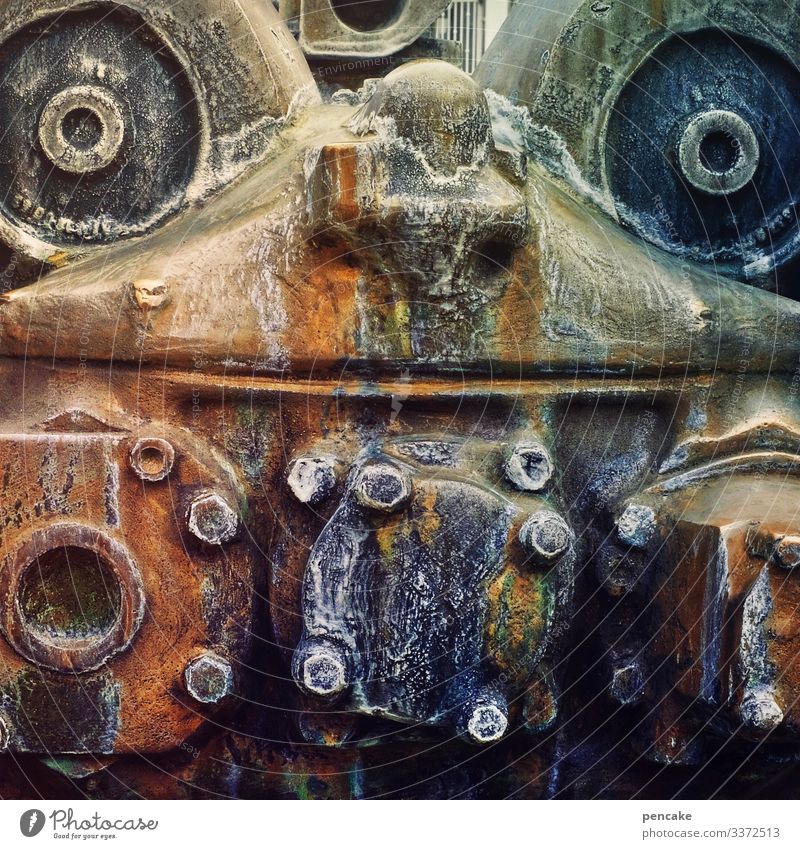 Ironman Art Sculpture Adventure Esthetic Design Uniqueness Metal Rivet Face Friedrichshafen Well Machinery Colour photo Exterior shot Close-up Detail