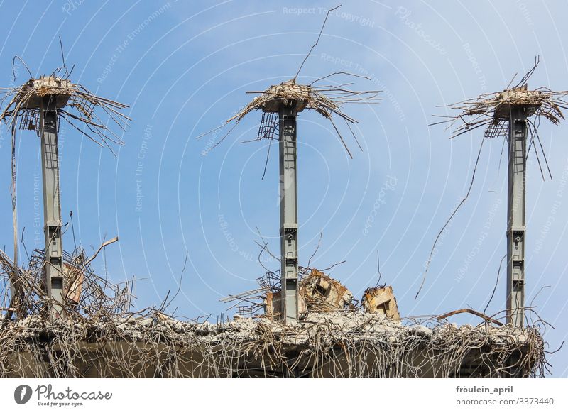 The three from the building Building Architecture Building for demolition Dismantling Concrete Metal Steel Rust Old Threat Sharp-edged Thorny Blue Gray Bizarre